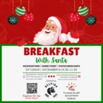 Promotional graphic for Breakfast with Santa 2025 featuring Santa, breakfast imagery, and event details.