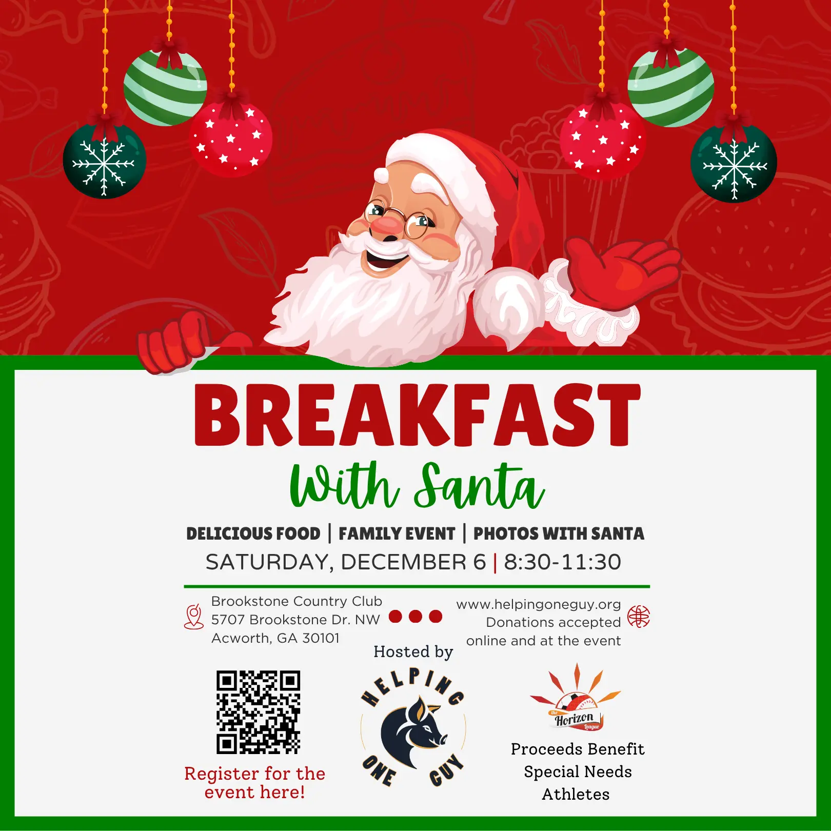 Promotional graphic for Breakfast with Santa 2025 featuring Santa, breakfast imagery, and event details.