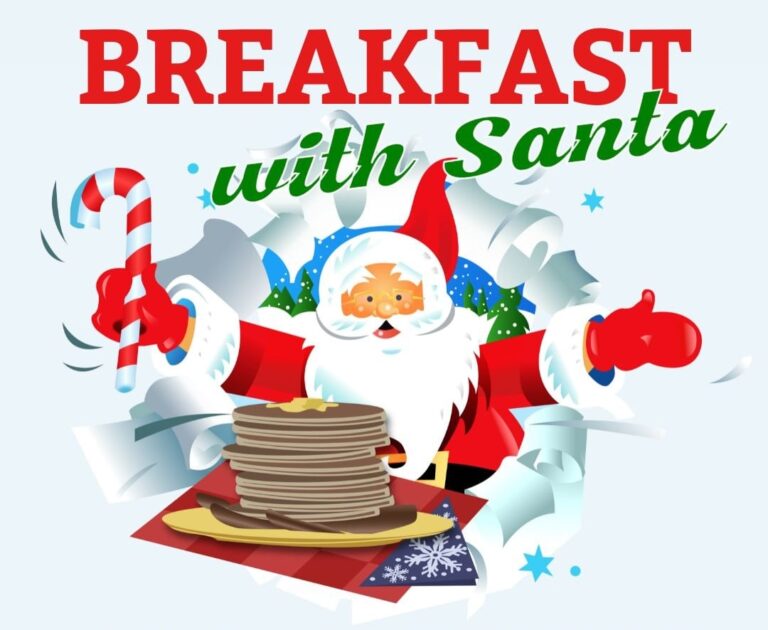 Santa holding candy cane and pancakes in festive graphic – Breakfast with Santa event December 6, 2025 in Acworth, GA